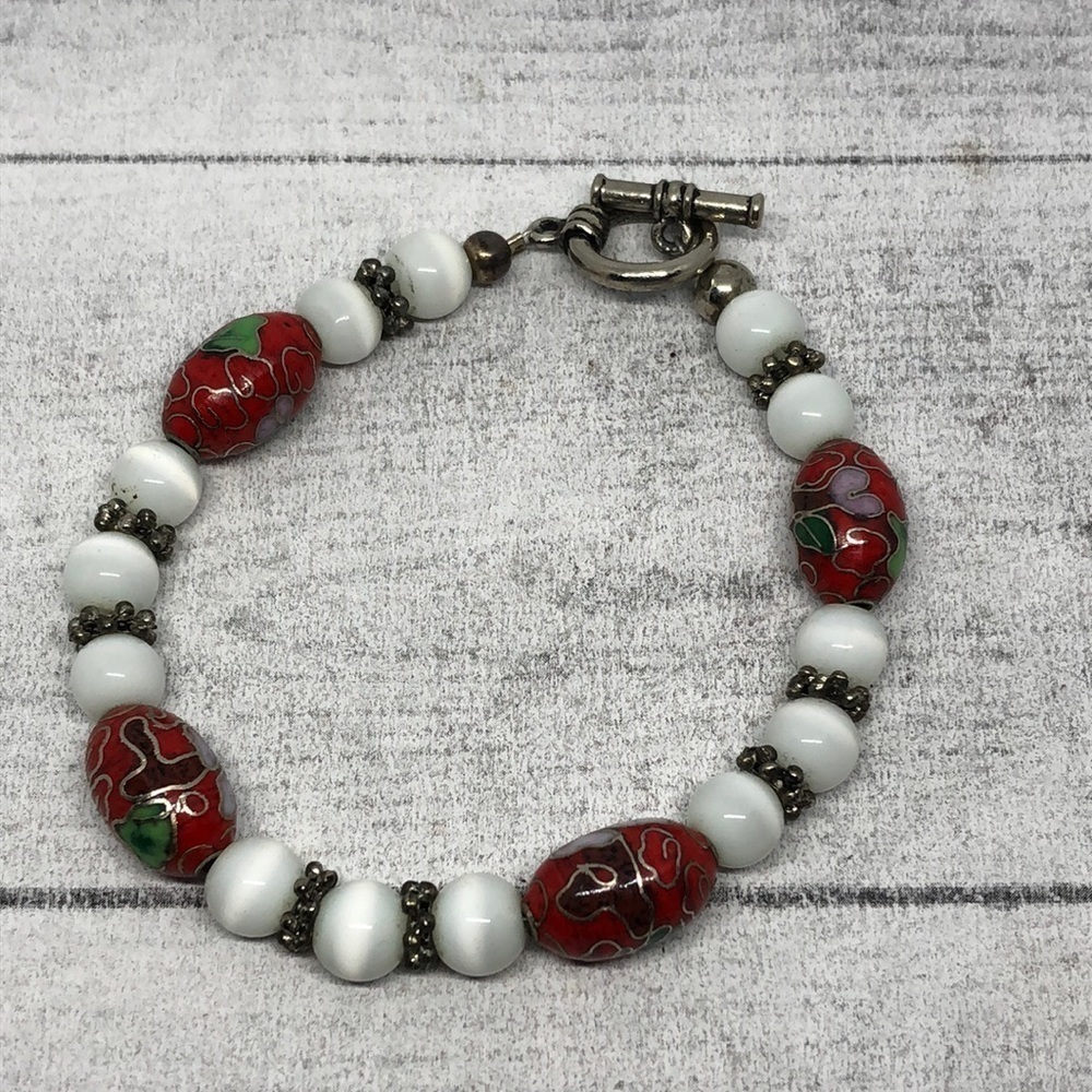Artisan handcrafted cloisonne and cat's eye statement boho bracelet